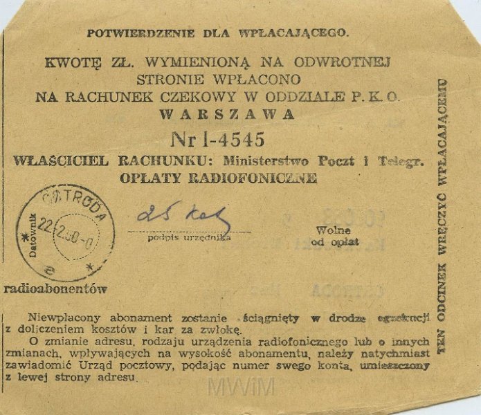 KKE 5444.jpg - Dok. Rachunek czekowy na kwotę 250 polskich złotych w oddziale PKO, Ostróda, 20/22 II 1950 r.